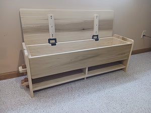 Child's bench and toy box. Solid hardwood childrens furniture. Childrens playroom furniture. Child's sitting bench.