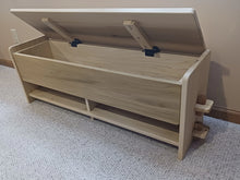 Load image into Gallery viewer, Child&#39;s bench and toy box. Solid hardwood childrens furniture. Childrens playroom furniture. Child&#39;s sitting bench.