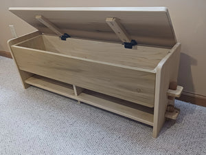 Child's bench and toy box. Solid hardwood childrens furniture. Childrens playroom furniture. Child's sitting bench.