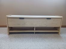 Load image into Gallery viewer, Child&#39;s bench and toy box. Solid hardwood childrens furniture. Childrens playroom furniture. Child&#39;s sitting bench.